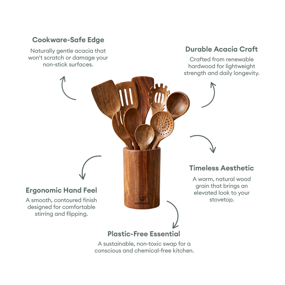 Acacia Wood Kitchen Utensils - 10 Piece Set