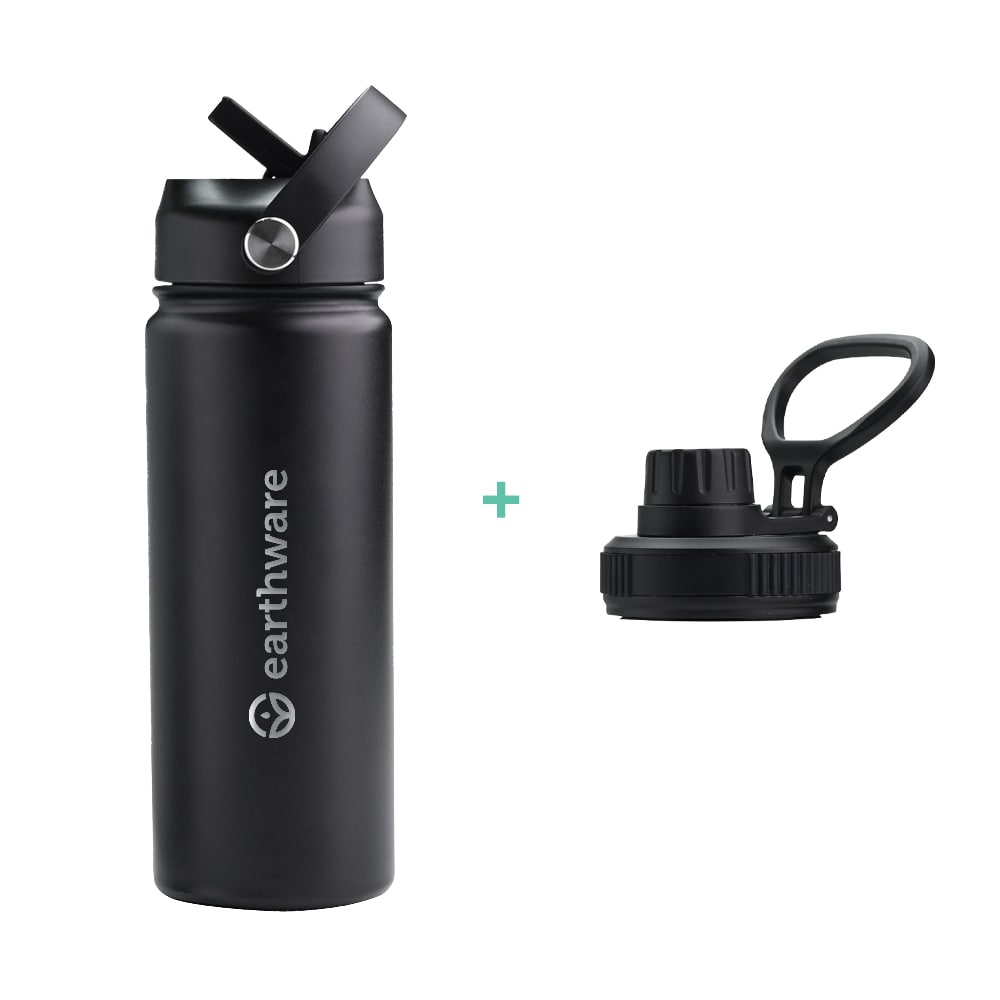 Earth Bottle Premium Insulated Water Bottle with 2 x Caps - Black (550ml)