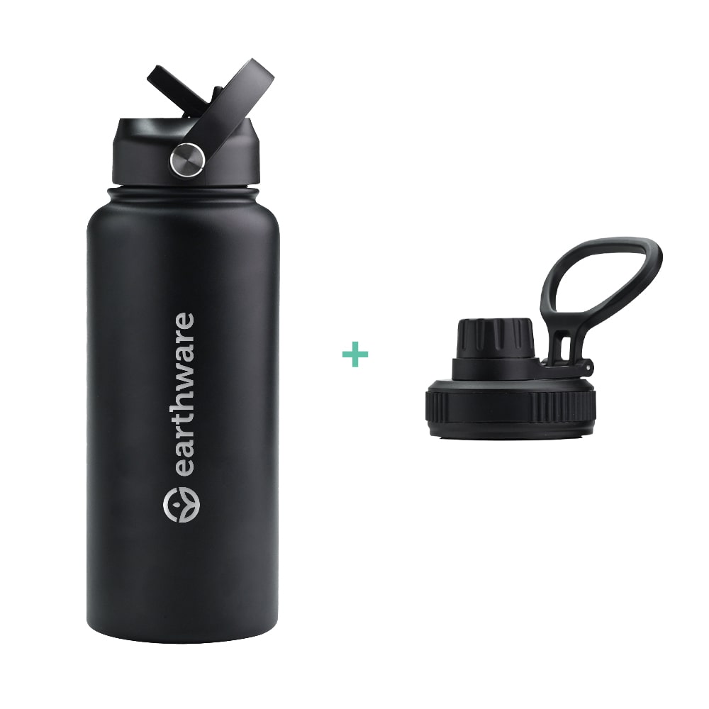 Earth Bottle Premium Insulated Water Bottle with 2 x Caps - Black (1L)