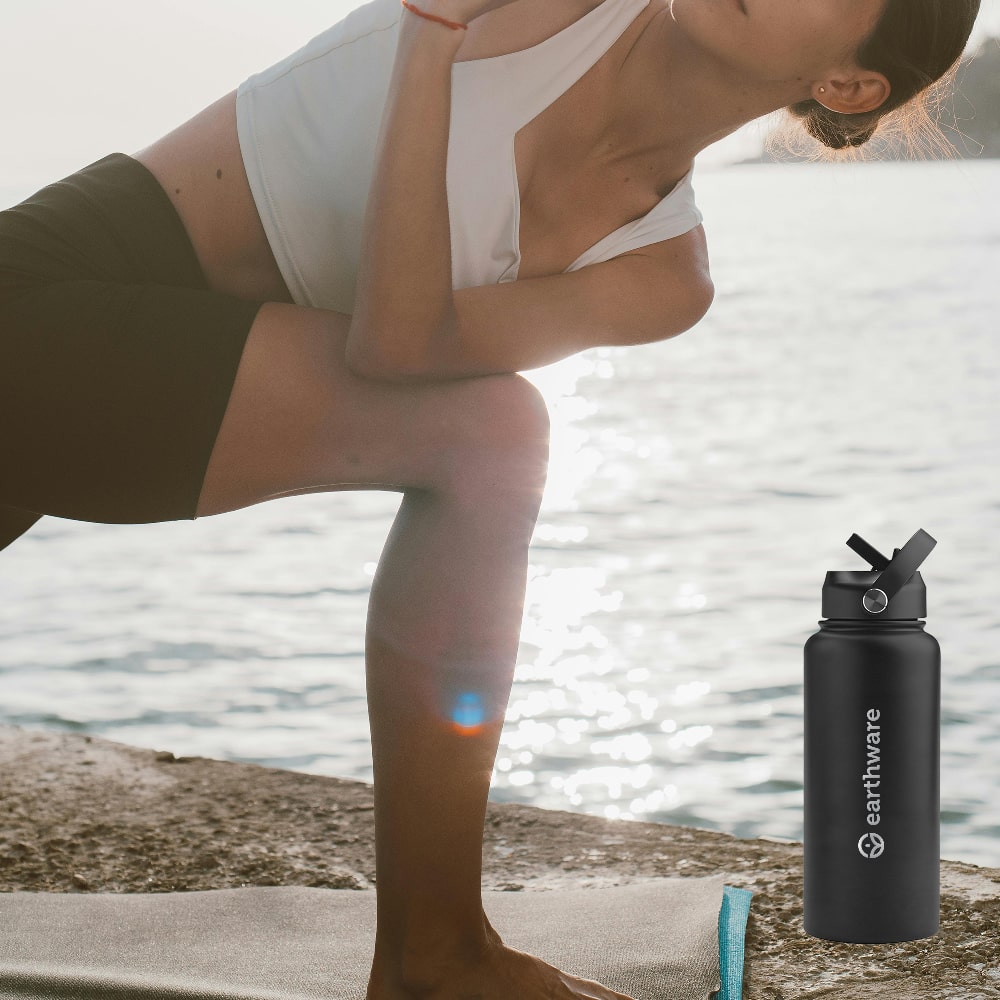 Earth Bottle Premium Insulated Water Bottle with 2 x Caps - Black (1L)