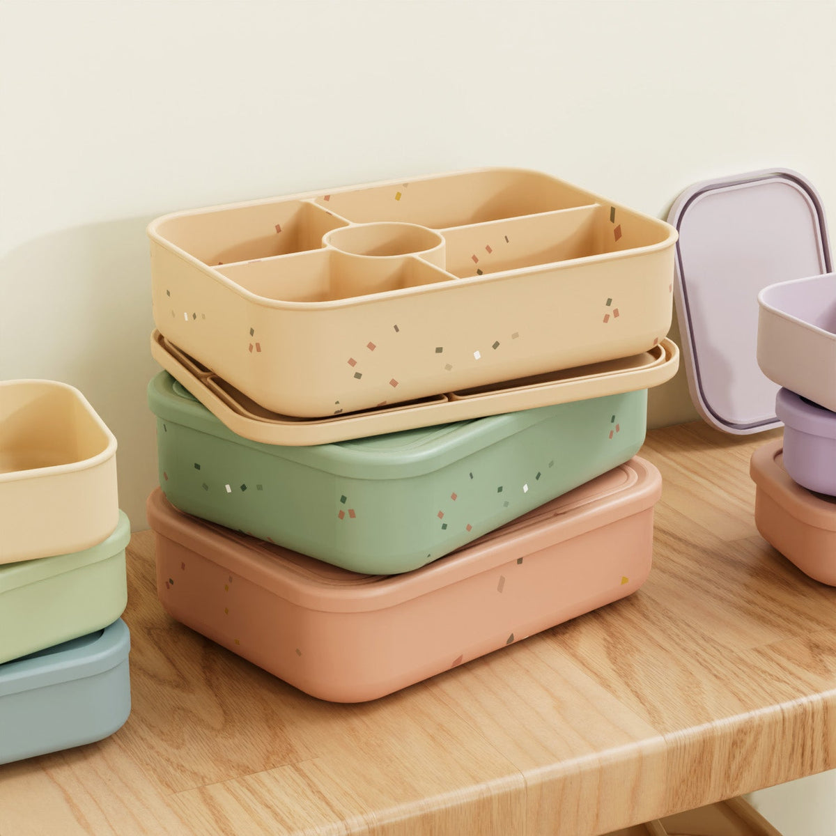 No-Tox Silicone Bento Lunch Box - 5 Compartments - Confetti Olive (1.2L)